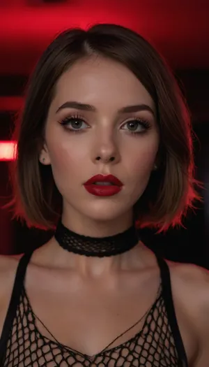 masterpiece, high def, full light, close-up portrait, (neon light above head), skinny, beautiful, sexy, cute, teasing, inviting, nasty hooker, 20 yo, arrow jaw, brown hair, (80th haircut), red lipstick, black choker, fishnetdress, we see her ample boobs and erect nipples through her fishnet top, <lora:fishnetdress_XL_reg1_:1.4>