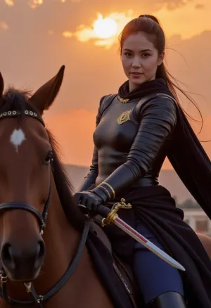 (masterpiece), (high quality), (picturesque detail), (photorealistic), (ultra-detailed), young Chinese female warrior knight on horseback, (sharp focus), (dynamic pose), (intense gaze), (narrative lighting), (dramatic lighting), 1.5, in black leather armor, (black armor with gold accents), graceful, black hair tied in a high ponytail, hair blowing in the wind, holding two swords with gold hilts, (one blade with red inlay), (gold details on swords), (dark blue clothing under armor), black cloak, (powerful and determined), on a massive horse, part of the horse's muzzle visible in the foreground, (third-person view), (post-apocalyptic world), (sunset in the background), at sunset, (orange and red tones), (sharp shadows), (deep contrast), (atmospheric), (cinematic), (epic), (fantasy art), masterpiece, 8k, detailed textures, textured leather, realistic eyes, delicate facial features.