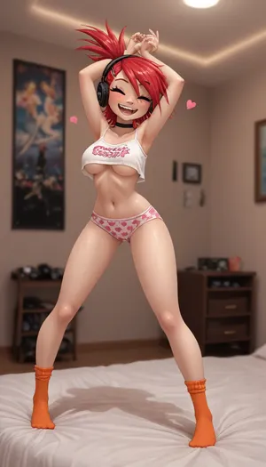 Reid style, (Frankie from fosters home for imaginary friends), (Jack cayless art style), innv style, wearing white camisole, pink heart underwear, orange socks, black choker, wearing headphones, laughing, dancing, (in her bedroom, pink patterned walls:1), underboob, <lora:UnderboobXL:.8>
