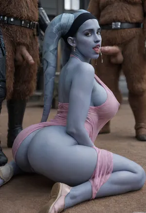 Star wars, seductive scenario of sexy Twi'lek they fucked by darth vader and chewbacca, side view, lifting up her transparent silk dress, show tits, exposing bare fat ass, opening soft cellulite ass cheeks, looking behind, (blue skin:1.9), huge sagging breast, Green eyes, greedy, turquoise jeweled headband, sexually charged atmosphere, naughty, horny, futuristic dirty messy starship, star wars atmosphere, she was fucked by chewbacca and darth vader with small penises in her juicy ass and mouth, he cum over her glossy ass, inside, ass, pussy, mouth, deepthrout, lying, on, floor, side, massive naked tits shaking, <lora:finger_ass:.5>, darth vader fucking mouth deepthrout, chewbacca smile to viewer, penis looks like lightsaber, full body view of all people