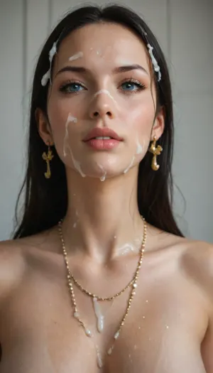 (((Boa Hancock from One Piece))), view from above, milf with a delicate and symmetrical face, clear porcelain skin with a natural rosy glow. She has large almond-shaped eyes with soft brown irises, well-defined eyebrows slightly arched. Her nose is straight and slender, with a gentle curve, and her lips are full, She has a fine, slightly pointed chin, The overall expression is calm but with an intense, expressive gaze., <lora:A_SHort_Cut_v3_SDXL:1.8>, . nice tits, ((Massive facial, lot of cum on face, cum on neck, cum on hair)), Nude. Earings. Necklace., (Head slightly tilted), .