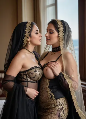 woman, 2 women, a beautiful luscious sexy curvy 25yo Turkish porn star with bubble but and large juicy enhanced breasts, (porn star resembling famous actress with heavy prostitute makeup up and in very sexy black and gold lace and leather lingerie and long flowing wavy hair:1.1), (and her shy slender innocent younger 20yo sister in modest traditional Turkish clothes no makeup and black embroidered religious Islamic veil covering her face:1.1), sexy poses, giggling, playful, traditional clothes, jewelry, (breasts exposed:1.1), eeect nipples, (fondling each other:1.2), one has her hand between the others legs., inviting, seductive, horny, realistic photograph, realistic lighting, dslr, high quality, in a luxurious palace with windows overlooking the Bosporus and the Istanbul skyline, perfect eyes, twinkle in their eyes