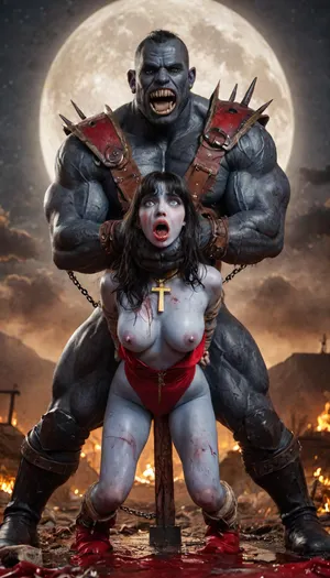 (vampirella:1.32), ((Vampirella is a tall, pale woman with a mane of raven-black hair and green eyes. Her look is that of a skimpy, red sling bathing suit barely covering her nipples and genitalia, with a golden bat emblem over the crotch. She wears an upturned white collar at her neck, long, high-heeled black boots, and a golden bracelet on one arm)), female drow elf barbarian, (blue skin:1.82), tall, angry, busty, curvy, thin waist, big boobs, big butt, slim, fit, vitiligo, strong, fur pelt armor, dungeons and dragons, purplish blue skin, black and purple hair, Dark, Elf, Warrior, Drow, tattooed, scarred, purple eyes, blue skin, amazon, giant, fur barbarian armor, bloody, blood spatter, bear, bear heart, (in a bloody filed after a battle, white full moon in the sky:1.4), (man is choking her from behind:1.4), ((hogtied, bound with large chains, crucified to a torture table, spikes through hands:1.3)), (torture:1.32), (large sharp sword in anus:1.12), cock in mouth, (brutal face fuck), Blowjob, (tears in eyes:1.5), (running makeup), (cum drips from nose:1.3), (cum drips from mouth:1.3), ultra hd, photorealistic, hyper gigantic large black cock in mouth, (((hyper gigantic large black cock in mouth:1.3))), gangbang, double anal penetration, anal spitroast, groupsex, deepthroat, (4 gigantic African black brute thug, huge trunklike arms, huge head, hyper muscular body, dressed in slave clothes:1.32), ((hogtied, bound for sex, tied up)), (((hyper gigantic large white cock in mouth:1.3))), (pulled nipples:1.2), nipple clamps, (((spitroast))), (((hyper large cock in mouth:1.3))), screaming, shocked, deep anal penetration, Uber realistic, 8k, ultra detailed, masterpiece, arched back, detailxl, 35mm photograph, film, professional, 4k, 1girl, 5 boys, hdr, photographic, ultra realistic, ultra high details, back light, (front view), (dynamic pose), best quality, incredibly lean body, anal sex, with large muscular black men, gargantuan black cocks, large hyper muscular fat old men, (double anal sex), swollen white veiny cocks, (double anal penetration), hardcore double penetration, proper physics, big white cocks, muscular white double anal gangbang, (forceful penetrations), extremely graphic, beautiful hands, defeating a woman in combat, fighting, killing, blood, winning fight, magazine cover, Realism_Quality_2xx_By_Stable_Yogi, score_9, score_8_up, score_7_up, (((very pretty face:1.3))), (((extremely ultra detailed face:1.3))), perfect fingers and hands, upper body view, (extreme size difference:1.6), (ultra realistic), (maximum quality), (high resolution), (extreme detail), (ultra realism), UHD, super high quality, highly detailed, high resolution, perfect lighting, natural lighting, (dynamic angle), (random angle), (random pose), (dynamic view), (random view), golden hour, rich details, nature-inspired color palette, <lora:Dark_Elf_Warrior:2>, <lora:Drow:2>, <lora:zavy-brbrn-sdxl:2>, <lora:LCMTurboMix_Euler_A_fix:2>