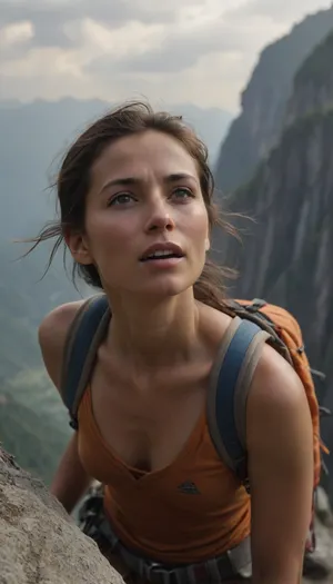 woman in unbuttoned mountaineering outfit, climbing a Himalayan cliff, close-up on her face, She is exhausted but she is happy, we can see one nipple, sunbeams breaking through the clouds, mist in the valley, light haze, dramatic atmosphere, picturesque realism