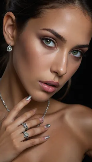 ((full body view)), 18 years old female, tanned, tan lines, (dark hair:1.2), green eyes, high resolution, (focus on face, nipples:.4), close up nipple, focus on full body, fashion details, 8k, medium breasts, (thick dark nipples:1), erect nipples, (very long nipples:1), (perky nipples:1), black background, (((sexual pose))), ((very close lateral view of nipple:1)), ((zoom in to nipple:1)), 1 female nude, (professional, 8k, highly detailed female, sexiest and lusty face), ((Fingers with painted long non-sharp nails:1.3), manicured nail polish:1.3), (bronze tan), ((A lot of silver and diamond jewelry:1.4), ((a lot of rings on fingers:1.3)), , , bracelet, (A lot of long metal necklaces:1.4), (a lot of bracelet:1), (metal big hoop earrings:1), pinch nipple with nails:.1), (upper eyelids, shadows, well-growing abundant lush long eyelashes, shine in the eyes), (((Ultrarealism, hyperrealism, ultra))), 18 year old petite female, naked perite woman, 1.76 meter tall, 59 kilogram weight, firm 34C cup breasts, perfect round normal breasts, detailed breasts, hard nipples, long neck, perfect ears, top model face, thin face, symmetrical face with high cheekbones, Beautiful Cheek, no makeup, Beautiful Mouth, detailed lips, pink lips, sharp hazel eyes, symmetrical eyes, detailed eyes, perfect vibrant eyes, same eye shape, detail irises, symmetrical pupils, very thin eyebrows, visible shoulder blade, black net stockings, high heels, (arab:.4), (mexican:.4), (italian:.6)