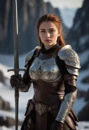 On a distant, icy planet, (a stunning and fierce 24-year-old warrior stands poised for combat. She wears intricately detailed leather armor:1.4), (with numerous cutouts:1.5), that reveal glimpses of her skin, and the craftsmanship is photorealistic and highly detailed. Her hair and face are rendered with exquisite clarity, capturing her determination and strength. In her hand, she wields a finely crafted sword, adding to her warrior presence. In the background, an alien creature lurks, slightly blurred to emphasize the warrior’s sharp focus and create a cinematic atmosphere. The entire scene blends high detail with a dramatic, icy backdrop, creating a striking and immersive visual, (ziprealism:1.3), 22 years old, sunshine in face, ultra-sharp details, realistic skin texture, natural soft light, refined contrast, 8k detail, authentic facial expression, clean composition, (maximum photo quality:1.4), (maximum resolution:1.5), <lora:EnvyHazeSliderXL01:.8>