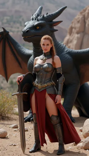 (masterpiece, highest quality, hyperrealism:1.2), photorealism, detail, complexity, (portrait of a fierce female warrior elf with elongated elven ears and a red braid:1.1), (complex decorated armor of a dark knight, gold jewelry:1.3), with a large sword, shield, red cloak, (majestic black dragon in the background, glowing yellow eyes:1.2), standing on rocky ground, dusty canyons, dramatic lighting, volumetric lighting, epic scene, fantasy art, cinematic, depth of field