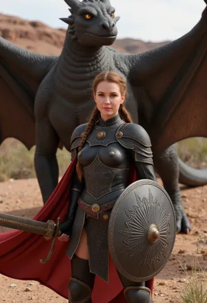 (masterpiece, best quality, hyperrealistic:1.2), photorealistic, detailed, intricate, (portrait of a fierce female warrior, red ponytail braid:1.1), (intricate ornate dark knight armor, gold embellishments:1.3), holding a large sword, shield, red cape, (majestic black dragon in background, glowing yellow eyes:1.2), standing on rocky ground, dusty canyons, dramatic lighting, volumetric lighting, epic scene, fantasy art, cinematic, depth of field