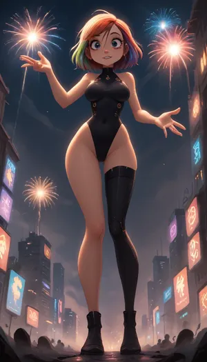 ((Jack cayless art style)), Full-body, athletic cyberpunk MILF, beautiful face, beautiful eyes, mid-leap, reaching outstretched arm, flowing rainbow-colored hair, intricate glowing multi-color neon circuitry on black fitted jumpsuit, cybernetic leg enhancements, dynamic lens flare, motion blur on limbs, low wide-angle perspective, upward gaze, sharp focus on subject, futuristic glass dome rooftop, vibrant exploding fireworks above, city panorama below with extreme neon lights, volumetric fog, cinematic lighting, ultra-realistic, highly detailed, 8k., <lora:add-detail-xl:2>, <lora:princess_xl_v2:.8>, <lora:DetailedEyes_V3:2>, <lora:Animated_Concept:.9>