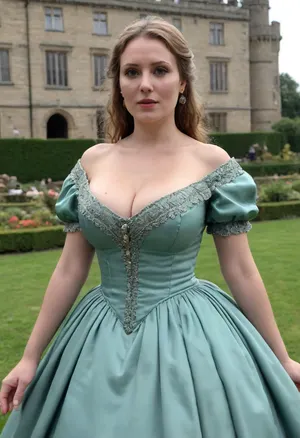 masterpiece, best quality, photorealistic, 17th century lady, (milf:1.6), (very beautiful:1.4), (big natural tits:1.6), (saggy breasts:.8), curvaceous, Victorian era dress with deep cleavage, heaving breasts, garden of castle, NEGATIVE_HANDS, hoopdress, <lora:bab4d033-acad-4a4e-b6fa-5dda2bad3471.TA_trained:1.4>, <lora:crowd_notrigger:.9>