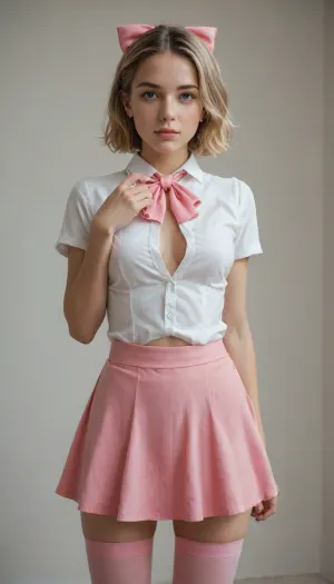 masterpiece, best quality, very awa, very aesthetic, newest, thick outlines, very detailed, 1girl, solo, standing, beautiful, cute, kawaii, Elle, adult face, short blonde bob cut, big blue eyes, beautiful face, toned body, white unbuttoned shirt, tits visible, ascot, pink mini skirt, pink mini-skirt, upskirt, no underwear, pussy visible, pink thighhighs, hair bow, highly detailed, intricate, cute pose, modelshoot, abstract background, petite, perfect body, medium perky tits, sexy pose, erotic, seductive, medium perky breasts, innie pussy, cowboy shot, shadows, dynamic angle, dutch angle, dramatic lighting, cinematic lighting