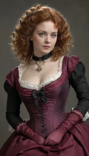 portrait, (((BODY FACING FRONT, LOOKING FRONT))), russian woman, (40 years old:1.3), (body:.5), (curly, luxuriant, reddish, hair:1.2), TanRealStockings, gray background, floofy, bob, big, hair, bow, frilled, (victorian dress:1.3), victorianstyle, skirt, tug, wind, lift, <lora:victoriansxl_v1:.5>, <lora:skirt tug_XL_V1.0:.8>