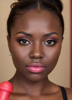 Ultra-realistic, perfect natural skin texture, realistic skin pores, professional photography, best shadow, 8K resolution, UHD, clear image, extremely complex details, ultra-high definition, ultra-sharp textures, full dynamic range, deep contrast, high definition, smooth gradients, full body view, full face, young Nigerian girl, 18 years old., (black skin:2), (hairstyle, straight bangs, ponytail, multicolored hair), (beautiful curvy face, perfect thick lips:1.3), (intricate green eyes), (dark pink lipstick), cute makeup, (legs wide apart, (pussy spread), (red dildo:1.5), curvy face), (perfect small breasts, perfect big ass, thick thighs, chubby body, wide hips), (oiled body:1.5), (perfectly shaved pussy:1.4), (and pink tattoo in the form of a horse on the pubis:1.6), ((perfect purple vagina:1.3)), (piercing in a nautical style, African jewelry, gold jewelry, necklace, suspenders on the arms), (spread pussy, gaping pussy), ((makeup:1.5), long blue eyelashes, olive eyeshadow with glitter), (lips:1.2), pink lipstick, seducing smirks. At the final stage, the cameraman finished on the woman's face makeup., makeup, eyeliner, eyelashes