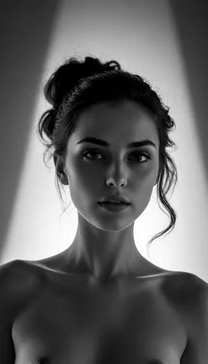 Create a striking black-and-white optical illusion based entirely on dramatic lighting, sculpted shadows, and smooth gradients. The central element is a 22-year-old, stunningly beautiful woman whose presence emerges from the interplay of light and darkness. Her appearance should be partially real and partially suggested, from one perspective, her face and body are clearly visible, but from another, they dissolve into abstract shadow shapes that could be interpreted as different objects, animals, or patterns. Use soft, atmospheric lighting that creates fluid transitions between illuminated areas and deep shadows. The woman’s silhouette should be formed in a way that her features appear only when the viewer focuses on specific shadow clusters. Her hair, pose, and expression should radiate elegance, but without breaking the illusion—everything must feel as though it is formed naturally by shadow gradients rather than explicit outlines. The composition should evoke the feeling of a mysterious stage or a dimly lit room where the light source creates ambiguous forms on the walls. The illusion must constantly shift depending on which shadow the viewer follows, making her alternately visible, hidden, or reinterpreted as an entirely different shape.