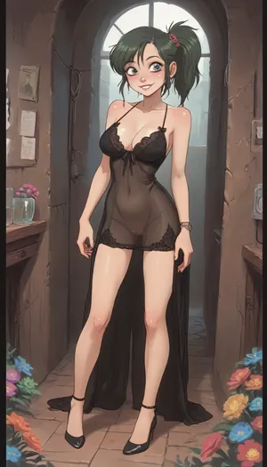 Beautiful MILF, (Jack cayless art style), green hair, high side ponytail, makeup, smiling, perfect eyes, full figure in black transparent gown, micro skirt, (Smooth pussy), Tight lace blouse, cameltoe, (long beautiful legs), stilettos, intricate baroque interior, colourful flowers, (cartoon), tooned, cartoon, low color palette, painted, illustration, made in illustrator, no gradients, incase style, concept, retro, futuristic, flat colors, masterpiece, <lora:ratatatat74-000050:.9>, <lora:outline_xl_kohaku_delta_spv5x:.5>, <lora:cartoon_stickers_xl_v1:.6>, <lora:NEOTOKIOXL_0.2_RC:.4>, <lora:DetailedEyes_V3:.6>