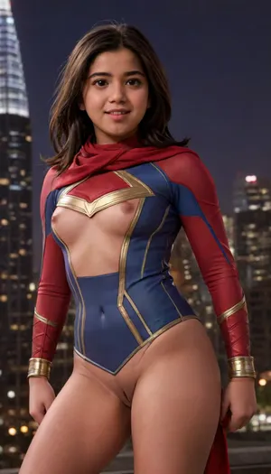 hentai, nsfw, uncensored, 1girl, ms marvel, (kamala khan), masked, cute expression, shy smile, full body, detailed face, detailed hair, very tight costume, (bottomless, nude lower body), (((exposed vagina))), puffy vagina, bold pubic hair. 4k, highly detailed digital painting, avengers tower background, night, flying objects, action pose, braless, Wearing, clothes, that, make, sense, with, Braless>, red scarf, wind blow, front light, rimlight, bold shadow, medium shot, tilted angle, sharp color, clear focus, <lora:Kamala_Khan_XL:.8>, <lora:nudity_v02_i1300:.7>, <lora:bralessSDXL_v1_00022:.8>, <lora:add-detail-xl:.8>
