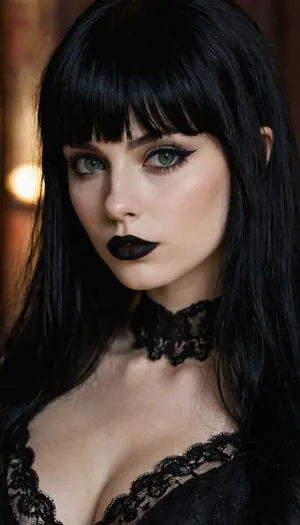 gothic, goth, pale skin, dark green eyes, black hair, bangs hair, black eyeliner, (black lipstick), white skin, perfect eyes, small eyes, detailed eyes, small nose, good anatomy, ultra detailed, high resolution, small breasts, slut face, whore, (ahegao:1), sexy posing, (illustration:1), (hand drawn:1)