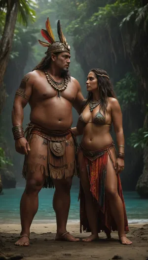 Polynesian setting, 2 people, a tall, robust man warrior and a fat shaman woman wearing a bikini and a skirt