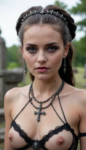 **Description for the generator, ** A girl with anthracite-colored hair pulled back in an intricate coiffure of intertwined dreadlocks, decorated with burnt clay beads and tiny silver pendants, stands in the middle of an abandoned cemetery in the thick night. With her ample breasts, narrow waist and rounded hips, her figure is wrapped in a draping fabric in warm golden tones, reminiscent of an ancient priestess ' veil — the material shimmers in the moonlight, exposing the curves of her body and creating a contrast between sacred aesthetics and sensual appeal. A face with sharp cheekbones, a high forehead and full lips the color of ripe cherries is distorted * * by a crazy smile**, the eyes are lined with black eyeliner, emphasizing the greenish sparks in the irises, and a thin vertical tattoo line is visible on the bridge of the nose, turning into a pattern on the forehead. Her head is crowned with a Gothic tiara made of blackened silver with spikes and inserts of amethyst, and on her neck and wrists there are traces of ritual incisions covered with amulets engraved with runes. She stands by a leaning cross that has grown into the ground between the graves. Her * * right hand rests on the rusty metal of the cross**, fingers with long nails painted black digging into the cracks of rust as if trying to leave their mark on it. His left arm is relaxed, but he's holding a dagger with a dark tar-stained blade. Her lips are * * a mad snarl**, revealing fangs with drops of blood-red glitter, and in the depths of her pupils dance sparks of witchfire, reflected in the patterns of the cross. Shadows swirl around her, taking on the shapes of ravens and smoke, and a semi-transparent haze snakes under her feet, in which you can guess the silhouettes of skeletons. Moonlight filtering through the clouds sets off her figure, emphasizing both fragility and menace, sexuality and mystical power. It's like she's whispering a spell against the cross, and when she touches it, the metal begins to smoke, leaving marks on the skin that look like sacred stigmata.