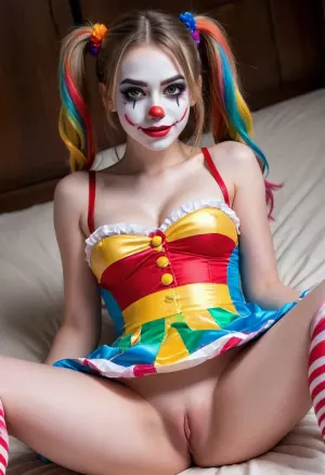 young beautiful girl 18 years old clown girl with big breasts, wearing a pulled-up dress without any underwear, laying on her back with spread legs, no panties, long striped socks, clown makeup, skinny, white face paint, detailed vagina, looking at the viewer, back long high twin multi-colored ponytails, excited, aroused, tack sharp, 4k, dslr