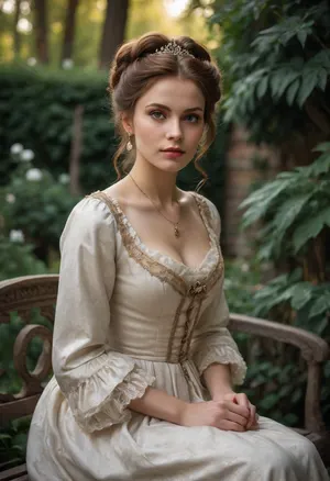 portrait of Anastasia Romanov, backyard garden, marble bench, sitting, Victorian dress, cleavage, fancy up-do hairstyle
