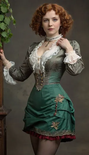 portrait, (((BODY FACING FRONT, LOOKING FRONT))), russian woman, (40 years old:1.3), (body:.5), (curly, luxuriant, reddish, hair:1.2), TanRealStockings, gray background, floofy, bob, big, hair, bow, frilled, (victorian dress:1.3), victorianstyle, ((skirt, tug, wind, lift)), vines, <lora:victoriansxl_v1:.5>, <lora:skirt tug_XL_V1.0:.8>, <lora:MIAOKA_shutengyi_xl_v1.0:.8>