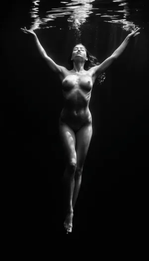 High-contrast black-and-white underwater fine art photography. A graceful female figure floats suspended in dark, still water, her body illuminated by soft, directional light from above. Her pose is elegant and fluid, evoking a sense of serenity and quiet strength, with hair drifting gently around her like ink in water. The image captures the weightless beauty of the human form beneath the surface, with subtle highlights and shadows accentuating muscle definition and curvature. The composition is minimalist, with deep blacks and gentle gradients, evoking a timeless and ethereal mood, Beautiful detailed face, (perfect eyes:1.1), (perfect skin:1.1), (perfect breasts:1.1), (perfect small pink nipples:1.1), (small areolas:1.1), (perfect vagina:1.1), (perfect body:1.1), (perfect hands:1.1), (perfect finger:1.1), (perfect fingernails:1.1), Modelshoot style, professional Photography, Photorealistic, RAW, analog, best quality, 8k, HD, DSLR, Fujifilm XT3, film grain, award winning