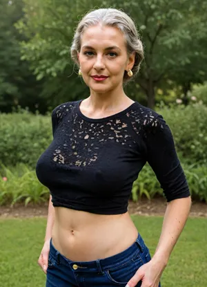 Very busty skinny grandmother works, extra large round perfect siliconed boobs, huge massive round tits, different angles pose, real sexy granny style, garden background, lumberjack shirt, glamour layout
High detailed photo, high quality photo, body