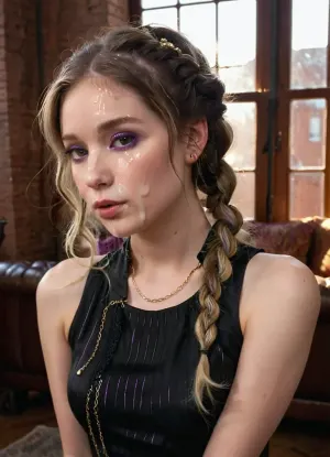 Ultra-realistic, highly detailed portrait of a woman with pale skin and wavy, dark and purple shoulder-length hair, styled in playful braids with loose strands. Her facial features are delicate and expressive, with subtle, artistic makeup emphasizing her eyes and lips. She wears a modern, sleeveless black cheongsam dress with metallic accents and layered necklaces. The scene is set in a luxurious, sunlit loft with large windows and elegant, contemporary furnishings. Warm, golden sunlight pours through the windows, casting dramatic rays and gentle shadows over her and the stylish interior, creating a dreamy, atmospheric mood. Photorealistic details in hair texture, skin, accessories, and light reflections, facialized, superfacialized, <lora:facialized:.8>, <lora:Men'sFacialV3.8:.8>, woman, <lora:JustCum:.8>, facial, cum, on, face, breasts, stomach, covered, in, perfect, <lora:Facials:.8>