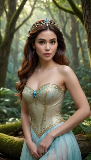 female in a mythical forest, masterpiece, perfect face, intricate details, horror theme, epoxy_skull, Anna, Ariel, Aurora, Cinderella, Elsa, Rapunzel, Pocahontas, Mulan, Tiana, Tinker-Bell, Snowwhite, Megara, Classy, Elegant, Glam, Chill, Adjusting, hair, Provocative, Moana, Esmeralda, <lora:epoxy_skull-sdxl:1.2>, <lora:Cine Princesses:.8>