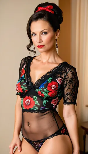 (((Full body:1.4))), prim and proper Brunette Woman, Lithuanian, (milf:1.2), 48 years old slutty stepmother, dressed by her horny 19 year old stepson, bright red lipstick, thick dark eyeliner, black mascara, long false eyelashes, stern, frowning, hair in a tight double bun, dressed in floral pattern nylon panties with lace trim, detailxl, reij-snrs, light, and, shadow, by, <lora:sunriseSDXL-000009:.8>
