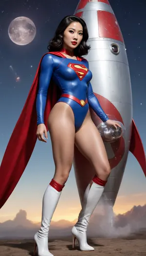 Supergirl, A hyper-realistic pin-up 1940's style illustration of a sexy Asian Supergirl, full body shot, posed next to a retro sci-fi rocket. She has an **hourglass figure**, **exaggerated curves**, and a confident, alluring expression. She is wearing a form-fitting, **high-contrast retro Supergirl suit** with thigh-high white boots and a clear bubble helmet. **Intricate detailing** on the suit and leather harness. Cosmic background with a detailed nebula and planets. **Ultra-realistic skin texture**, volumetric lighting, dramatic shadows, photorealistic, 8k, **digital painting**. Asian Hyper realistic