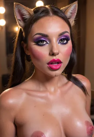 female jackal, (((furry))), Egyptian jackal goddess, top.less, big breasts, slim body, cute big eyes, perfect glutes, smile, seductive, slim legs, furry tail, stockings HD Roberts style art, labia, clitoris, big, open, spread, (gigantic horse dildo anal:1.2), (dynamic pose), My labia look like the lips of a mouth in lipstick, my pussy looks exactly like the lips of an open mouth, big nipple rings, painted with pink lipstick, (manicure, long red nails), (extremely detailed, ultra realistic), best quality, focus on arms legs face, ultra-detailed, finely detail, erect nipples, long nipples, ((makeup:2), long blue eyelashes, olive eye shadow with sequins), (high-quality facial treatment:1.3), large plump lips bimbo in red lipstick with a glossy wide pink outline and a slightly open mouth, (very purple pussy:1.3), very tight pussy, (hairstyle with five pigtails straight bangs of blue with sequins:1.2), (cream mucus is flowing from the pussy:1.1), Aesthetic, Nail, cum on my tummyUltra-realistic portrait, ((macro Closeup bukkake face)), camera very very close to face, of a athletic, slender natural beauty supermodel with pale skin drenched in semen from face to body, long dark brown hair styled in a thick ponytail, black hair tie, brown eyes, and subtle, decent makeup. Her face is softly oval, framed by natural brows and a Apologetic, regretful face expression, thick semen is Apologetic from her lips, she has several shots of Cum semen on her face, The scene is set in a stylish, avant-garde urban workout gym lounge with innovative architecture, 8k., bukkake, feline_hybrid, furry, makeup, eyeliner, eyelashes, cunnilingus, 2girls, girl, licking, pussy, <lora:Realistic_Feline_Hybrids:2>, <lora:Modern_MakeUp_XL_v0_1:.8>, <lora:Cunnilingus XL:2>