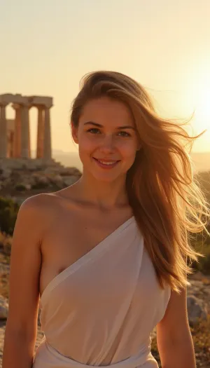 Sunset light, in Athena, near parthenon, on acropolis, Parthenon in background, greek woman, wearing a Greek tunic, wind, perfect composition, light smile, owl near woman