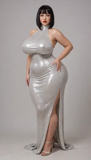 Naruto, Hinata Hyuuga, female, attractive girl, huge hips, huge breast, pretty, juicy lips, red lipstick, full-length, (cellulite), massive ass, WHITE bodycon closed dress, Sequins on the dress