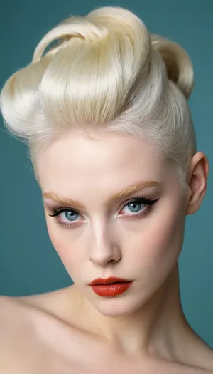 ZipRealism, (avant-garde high fashion esthetic, high saturation, high contrast, face closeup:1.4), (silver-blonde hair, intricate hairstyle:1.2), (Kubrick stare, eerie:1.2), (pale skin, albino, pale eyebrows), (athletic woman, lean body), (dominant pose, focus on eyes), igbaddie, <lora:igbaddie-XL:.8>