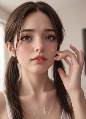 Ultra-realistic portrait, ((macro Closeup bukkake face)), camera very very close to face, of a athletic, slender natural beauty supermodel with pale skin drenched in semen from face to body, long dark brown hair styled in a thick ponytail, black hair tie, brown eyes, and subtle, decent makeup. Her face is softly oval, framed by natural brows and a Apologetic, regretful face expression, thick semen is Apologetic from her lips, she has several shots of Cum semen on her face, The scene is set in a stylish, avant-garde urban workout gym lounge with innovative architecture, 8k., bukkake, <lora:puppernova-v1:2>