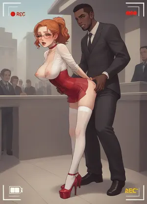 white redhead milf fucked by naked black man, (interracial:1.5), wedding ring, completely transparent clothes, caucasian young woman, slim body, long blonde hair, high ponytail, big breasts, pierced nipples, wearing sheer office extremely transparent shirt, wearing sheer extremely short extremely transparent tight micro skirt, red underbreast corset, no bra, no penties, shaved pussy, visible under clothes tits, visible under clothes pussy, crowd, front side view, red choker, tight gap, look at me, eyes at viewer, red lips, white stockings, (slutty make-up:1.1), blushing, glasses, horny face, her legs spread wide open, high heels platform, African brute, hesitant, viewfinder, (pale skin:1.1), hesitation, black man, side, wife fucked like a slut, black owned, passionate doggystyle, used pussy, fucked pussy, vaginal sex, pounding, standing, bent over, anime, screencap, incase, <lora:tbh33-sdxl:.8>, <lora:animescreencap_xl:.8>, <lora:EldritchMixIllustration_1.1:.8>