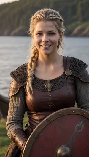 lagertha lothbrok, smile, bloody, Vikings, norway, longboat, axe and shield, Sunset