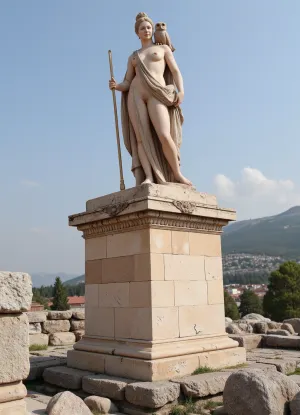 Photorealism, photorealistic, realistic, {the ruins of the Parthenon, (the foundation remaining from the statue), with a model posing on it, depicting the goddess Athena, (with an owl on her shoulder), and a shield and spear, depicting the battle of the centaurs with the Lapiths at Pirithous' wedding feast, and figures}, life-like, highly detailed, ultra-realistic, cinematic lighting, 8K