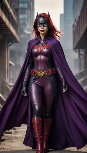 Batwoman, post-apocalyptic steampunk Asian, steampunk Batwoman, long deep purple cape.