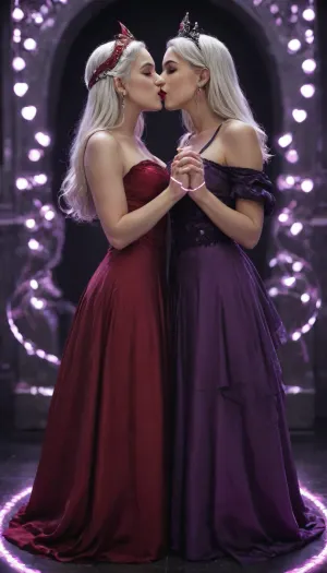 ((Hyper-detailed style:1.8)), Full body detailed hyper realistic natural petite cutie, (young:1.65), hyper-detailed 18 years old beautiful vampire queen, (very slim), queen’s bedroom, very detailed face, (pale woman with straight white hair, red eyes:1.3), luxurious headband in the style of dark fantasy, highly detailed thin luxurious revealing vampire queen red and purple dress in the style of a dark fantasy, symmetrical epic fantasy art, closed eyes, dark fantasy, purple lights, neon, colorful, high detail, impeccable image quality, ultrarealism, 1girl, 1boy, completely in frame, full-length, ((lesbian girl lips locked in a passionate kiss with a girl dressed in peasant attire)), kissing, two girls kissing, lips touching, perfect image, high-definition, anatomically correct, height difference, <lora:Consistency Corrector XL V2:2>