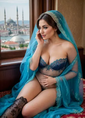 woman, 2 women, a beautiful luscious sexy curvy 25yo Turkish porn star with bubble but and large juicy enhanced breasts, (porn star resembling famous actress with heavy prostitute makeup up and in very sexy blue lace and silk lingerie and long flowing wavy hair:1.1), (and her shy slender innocent younger 20yo sister in modest traditional Turkish clothes no makeup and black embroidered religious Islamic veil covering her face:1.1), sexy poses, giggling, playful, traditional clothes, jewelry, (breasts exposed:1.1), eeect nipples, (fondling each other:1.2), one has her hand between the others legs., inviting, seductive, horny, realistic photograph, realistic lighting, dslr, high quality, in a luxurious palace with windows overlooking the Bosporus and the Istanbul skyline, perfect eyes, twinkle in their eyes