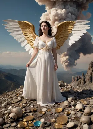 colored monochrome Daguerreotype full body image, you are standing on a huge pile of trash on the top of the higest mountain of the world, the mountain is entirely made of skulls and gold coins, aside of you in the sky explodes an gigantic mushroom cloud, you are blessing the world, you are the angel of death, you are wearing a white wide blouse, you are wearing a white long dress, you have enormous wings, your wings reach from the floor up to over your head, you are a 35 years old beautiful woman, in the style jugendstil, the image has stains and scratches, you are an angle and so you are not allowed, so you live behind a silk screen and nobody can see you