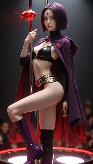 (1 woman), Raven from teentitans, short gothic girl, (skinny), (short purple bob hair), (red diamond forehead), (white pale skin), (purple cloak), (short purple boots), (black body suit from shoulders to pelvic), (gold with red diamonds belt), (small tits), (tiny short slender body), (round busty ass), (legs and thighs exposing skin), (provacative), (stripclub), (stripper pole), (purple lighting), (highly detailed), (hyper realistic), (highest quality), comic, character, punk, <lora:MJ52:.8>, <lora:LizzyRascal_Style:.8>