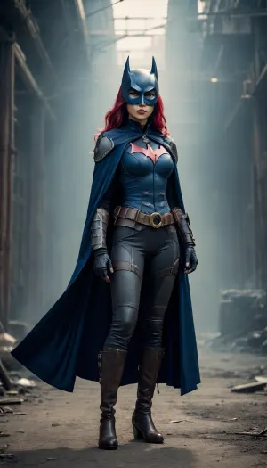 Asian steampunk Batwoman, from a post-apocalyptic world, has a long, deep blue-gray cape and mask.