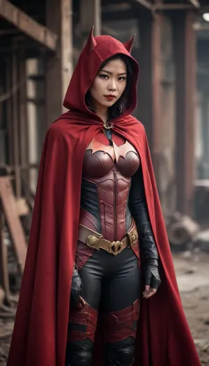 Batwoman, post-apocalyptic steampunk Asian, steampunk Batwoman, long deep red cape.