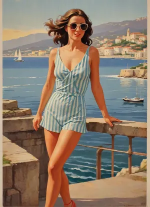 nude woman walks on stone pier, (dawn:.8), (yacht in background:1), (Port of Antibes:1), (rising sun:.8), sunglasses, stripe shorts dress and see-thru top, hurricane-force winds, Long azure hair, hair blows in wind, wind blows her dress open, rough sea with white cresting waves, vintage poster style, contest winner, figurative art, golden hour, highly detailed travel poster, in the style of Rogers Broders, (TITLE text, "Port of Antibes":1.4), text, as, "Port of Antibes", style_brush, style_bebas, <lora:ihap_xl:1.1>, <lora:textxl:1.3>