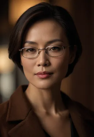 ultra-detailed close-up portrait of an elegant mature East Asian woman in her early 40s, oval face with softly defined jawline, smooth warm fair skin with realistic pores, subtle smile, gentle confident expression, almond-shaped brown eyes, natural double eyelids, slightly upturned outer eye corners, long curved eyelashes, neat straight dark eyebrows with soft arch, straight high nose bridge with refined nose tip, full soft lips with natural nude lipstick, faint smile lines for mature charm, wearing thin metal-frame glasses, soft warm lighting, sharp focus on eyes and lips, cinematic realistic photography, hyper photorealistic masterpiece, maximum quality, maximum details, maximum realism, russian milf, 40 years old, on street, in front of hotel entry, very short blonde pixie hair, long closed brown coat, (black high heels), <lora:dark:.6>