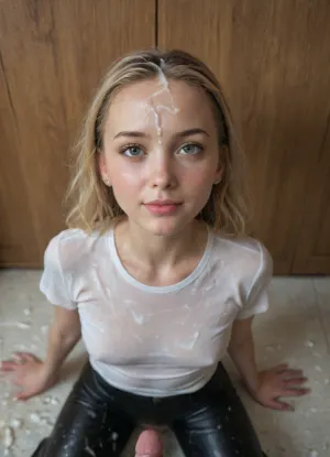 portrait of woman kneeling in front of a man, ((Sophia Flörsch)), blonde hair, fair skin, (blonde hair:1.2), ((gymnast body)), cheeky smile, ((high detailed skin)), high quality, detailed skin texture, (highly detailed hair), ((skinny body)), ((slim body)), (realistic), soft focus, insanely detailed, highest quality, ((leather pants and tight shirt)), realistic, pubic, hair, leaning back, side, front, above, creampie, cum, kneeling, runny, pov, (cum everywhere:1.8), (cum on forehead:1.6), (cum all over her face:1.7)